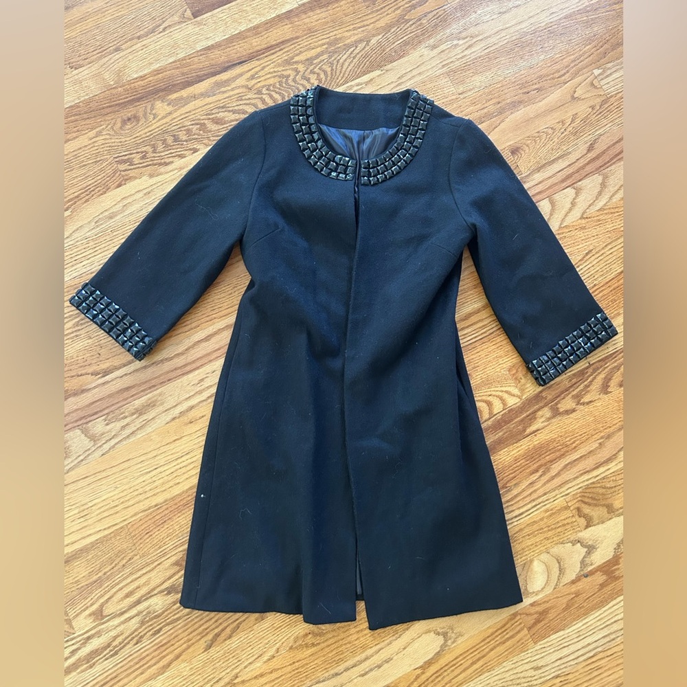 Chic Black Women's Long Blazer with Embellished Collar and Cuffs